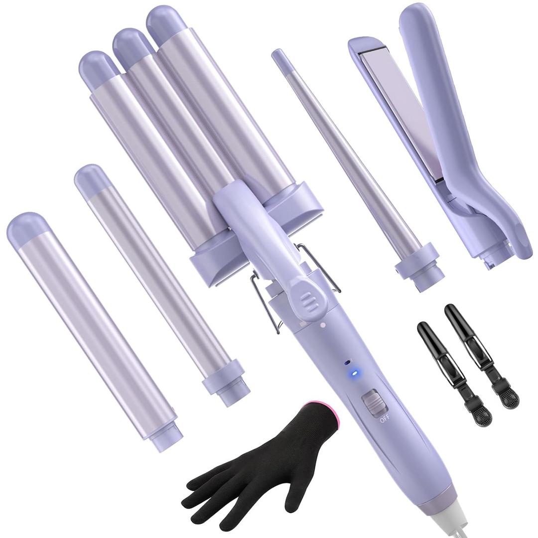 5 in 1 Wand Curling Iron-Curling Wand Set with Hair Straightener, 3 Barrels Hair Crimper Iron, 3 Ceramic Curling Irons (0.35 "-1.25"), 2 Temps Fast Heat Hair Curler Waver with Glove & Clip-Purple