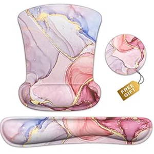 Wrist Rest Support Ergonomic Gel Mouse Pad & Memory Foam Keyboard Set Non-Slip Rubber PU Base Easy Typing and Relieve Wrist Pain Mouse Mat for Computer Office - Pink Marble
