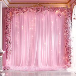 10ft x 10ft Pink Backdrop Curtain with Lights String for Parties, Sheer Tulle Wedding Photo Backdrops Drapes for Baby Shower Birthday Party Decorations Background for Photography (W5' x H10'(2 Panels)