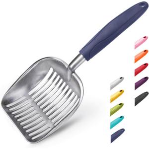 WePet Cat Litter Scoop, Aluminum Alloy Sifter, Kitty Metal Scooper, Deep Shovel, Long Handle, Poop Sifting, Kitten Pooper Lifter, Durable, Heavy Duty, for Litter Box (Large, FLAT Aluminum \ #01 Blue Handle)