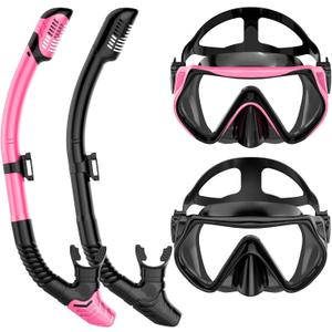 Snorkeling Gear for Adults, Dry-Top Snorkel Set Scuba Diving mask, Snorkel Mask, Panoramic Anti-Leak Anti-Fog Tempered Glass Lens, Swimming Training Snorkeling Packages (Black+Pink)