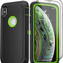 Case for Apple iPhone X/XS Case with 2 Screen Protector, Heavy Duty Full Body Shockproof Military Grade Cover, 3 in 1 Drop Protection Phone Case 5.8" [Black+Green]