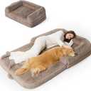 Bedsure Foldable Human Dog Bed - 2 in 1 Flexible Giant Human Dog Bed for Adult People with Supportive Bolster Egg Foam, Waterproof Liner, Calming Fluffy Faux Fur Orthopedic Big Bean Bed, Camel