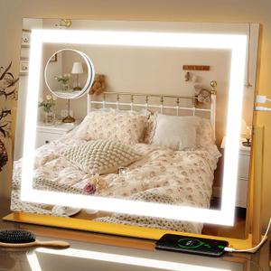 FENNIO Vanity Mirror with Lights 22''x18'' Makeup Mirror with Lights,Lighted Makeup Mirror with 10X Magnification and USBSmart Touch Screen with 3-Color Lighting,DimmableSquare Gold