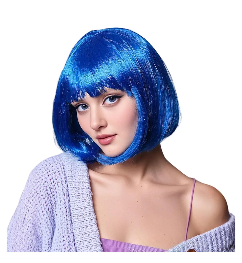 Rose bud Blue Bob Wig with Fringe 12 Inch Short Straight Costume Wigs for Women Cosplay Party Halloween Color Blue