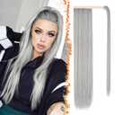 BARSDAR Wrap Around Straight Ponytail Extensions - 26 Inch Long Straight Gray Ponytails for Women, Clip in Ponytail Hair Extensions Synthetic Pony Tails Hairpieces Daily - Silver Grey