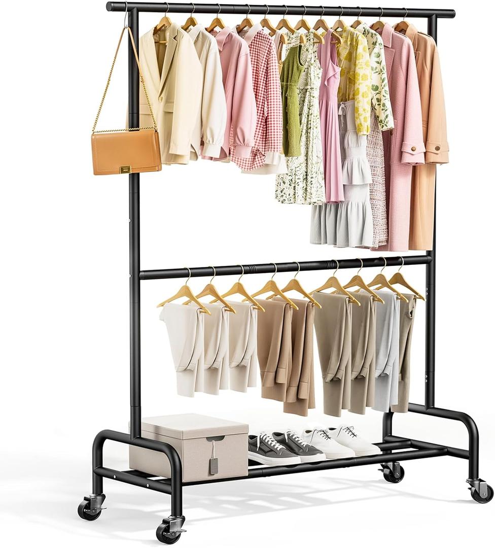 Abiglifty 2 Tier Rolling Clothes Rack, Heavy-Duty Clothing Rack with Wheels,150LBS Capacity, 43" W X17 D X 75" H Rack for Clothes to Hang, for Bedroom, Living Room, Black, 2026 NEW