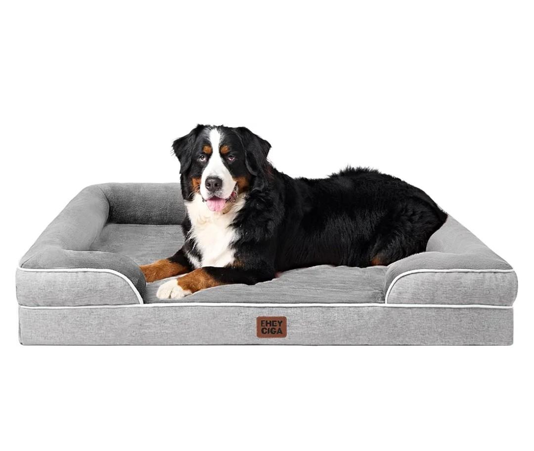 EHEYCIGA Orthopedic Dog Beds for Extra Large Dogs, Waterproof Memory Foam XXL Pet Bed with Sides, Non-Slip Bottom and Egg-Crate Foam Big Dog Couch Bed with Washable Removable Cover, Grey