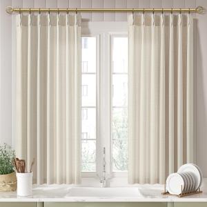 Pleated Memory Shaped Natural Linen Curtains Short, Pinch Pleat Light Filtering 45 inch Curtain with Hooks Privacy for Kitchen Cafe Small Window Back Tab Drape Home Decor 3-3/4FT Panels x 2 (Soft Cream)