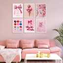 6Pcs Pink Preppy Canvas Wall Art Pink Bow Disco Ball Posters Prints Funky Cherry Ice Cream Pictures Paintings Cute Girl Wall Decor Suitable for Girls Bedroom, Dorm, Kitchen Decoration Unframed (8-10)