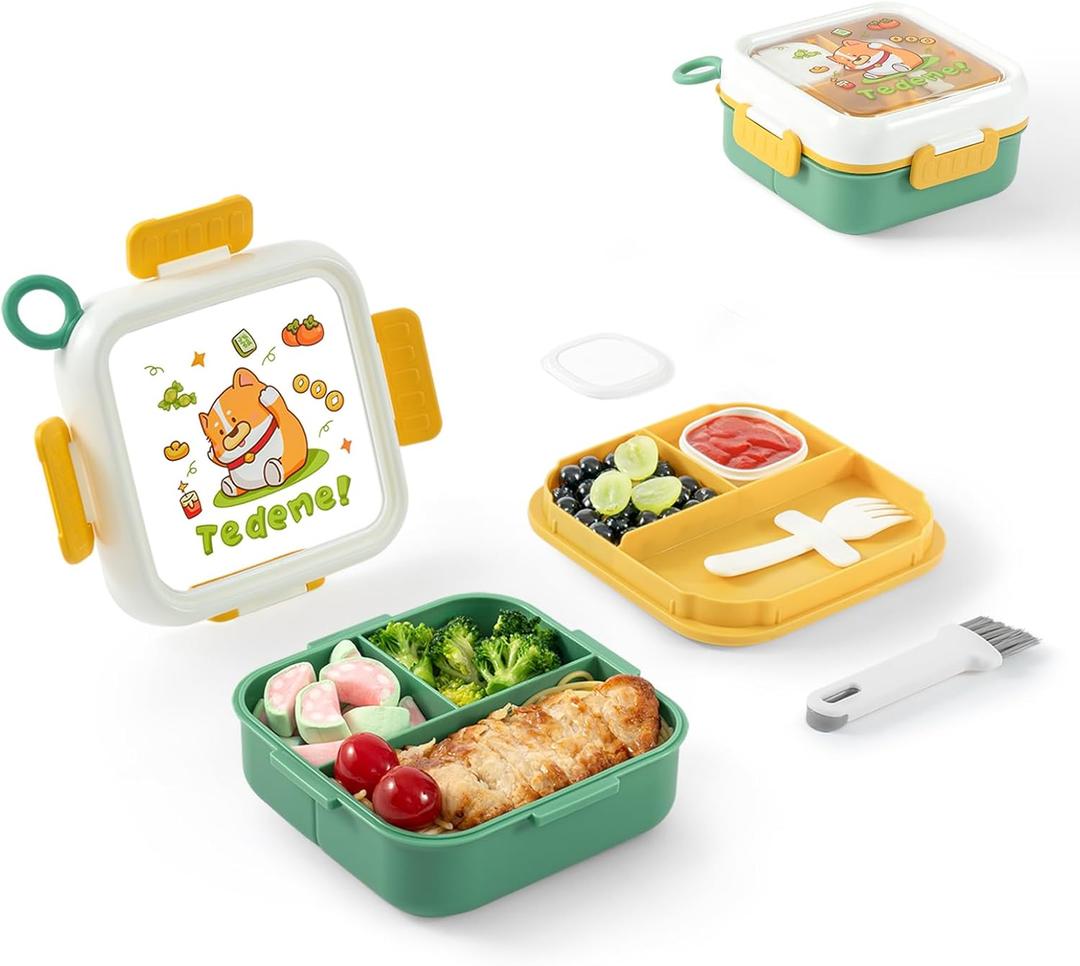 Bento Box for Kids & Adults  Cute Cartoon 2-Layer Lunch Box with Fork, Sauce Cup & Brush, BPA-Free, 3-Compartment Square Snack Container with Handle for School, Office, or Travel (Green)