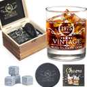 50th Birthday Gifts for Men Whiskey Glass Set - 50th Birthday Decorations, Party Supplies - 50 Year Anniversary, Bday Gifts Ideas for Him, Dad, Husband, Friends - Wood Box & Whiskey Stones & Coaster