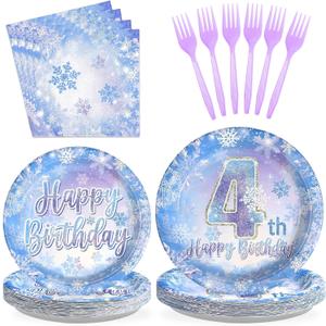 Grencian 96Pcs Frozen Party Supplies Plates Winter Onderland 4th Birthday Plates Winter Snowflake Happy 4th Birthday Tableware Disposable for Kids Girls Frozen Themed Party Christmas