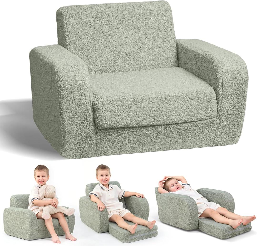 KidBloom 3-in-1 Kids Couch, Toddler Chairs Comfy 13 Years Old, Kids Couch Bed Fold Out, Supportive Baby Sofa, Gifts for 12 Year Old Girls Boys (Green)