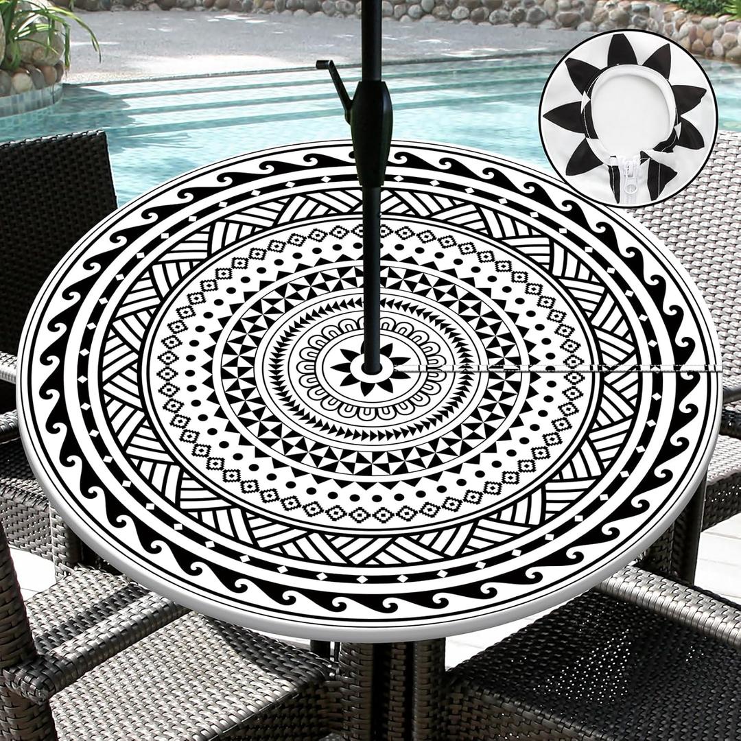 Outdoor Tablecloth with Umbrella Hole Waterproof Abstract Tribal Round Fitted Tablecloth with Elastic Zippered Table Cloth Round Cover for Picnic, Camping,Party (48''-52'')