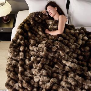 Luxury 1000GSM Faux Rabbit Fur Throw Blanket, Super Heavy Warm Cozy Blankets for Couch Bed Sofa, Bubble Plush Fuzzy Elegant Soft Reversible Mink Blanket for Living Room Bedroom, Brown (50"x60")