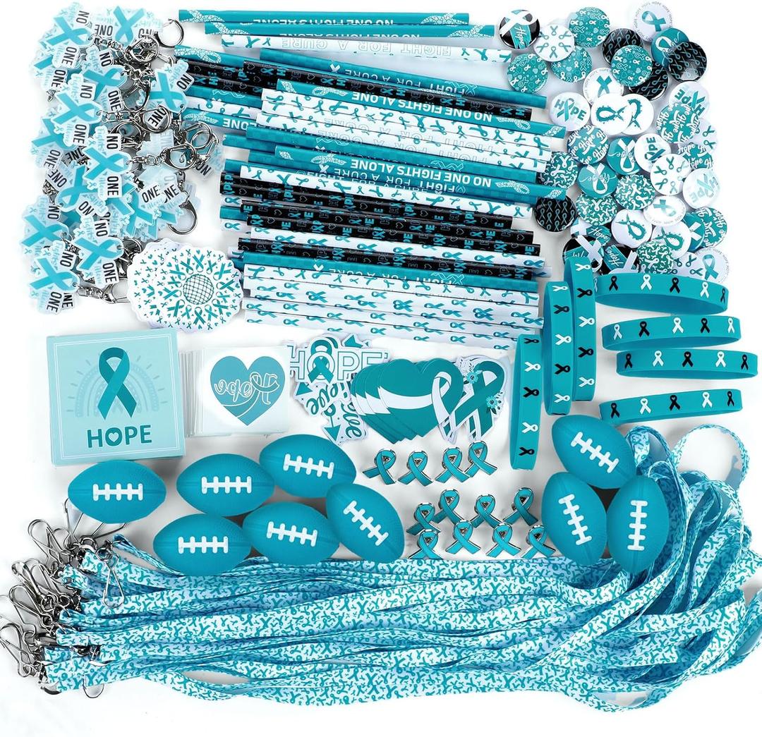 400 Pcs Teal Ribbons Sexual Assault Awareness Items Bulk Teal Ribbon Awareness Supplies Silicone Bracelets Lapel Pins Button Rugby Pins Tattoo Stickers Cutouts for Charity Fundraise Party Favor