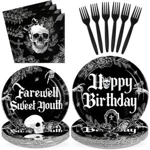96 Pcs Gothic Birthday Party Decorations Black White Skull Goth Skeleton Plates and Napkins Tableware Sets Farewell Sweet Youth Gothic Theme Decorations for Girls Birthday Party Supplies Serve 24