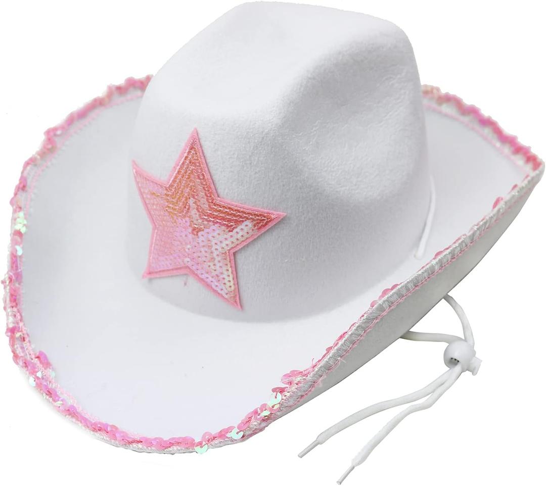 GiftExpress White Felt Cowgirl Hat with Pink Sequin Star, Country Themed Party Cowboy Dressup Play Costume Hat For Teens & Adults