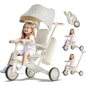 WinHope 9-in-1 Push Tricycle for Toddlers 1-3 Years | Convertible Kids Trike with Adjustable Parent Handle & Safety Harness, Lightweight Foldable Design + Storage Basket for Boys & Girls (White), 19.7 Inches X 28.7 Inches X 37.8 Inches