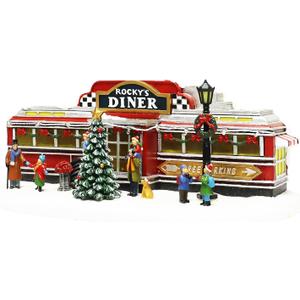 Christmas Village Building, Rocky's Diner, Retro 1950's Diner with LED Lights and Christmas Music - Battery Operated (not included) (optional 4.5V adapter not included) (5.8"H x 13.6"W x 7.1"D)
