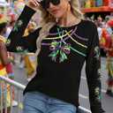 MAXIMGR Mardi Gras Sweatshirt Women Sequin Fat Tuesday Sweater Masks Graphic Shirt Carnival Crewneck Long Sleeve Tops (Black, XL)