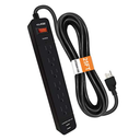 6 Outlet Surge Protector, 25 Ft, USB, Black