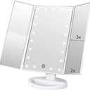 Tri-fold Lighted Vanity Makeup Mirror with 3x/2x Magnification,21 LEDs Light and Touch Screen,180 Degree Free Rotation Countertop Cosmetic Mirror,Travel (White)