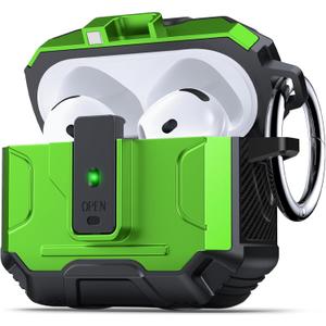DASFOND Armor Earphone Cover Case for AirPods 4 Generation, Military Grade Full Body Shockproof Protection Hard Case, Support Wireless Charging with Keychain, Magnetic Lid, Front LED Visible, Green