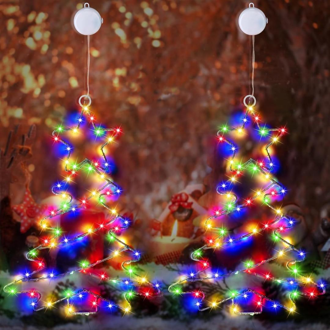 DANLI Christmas Decorations Window Lights Iron Frame Christmas Tree Lights with Suction Cup, Timer, Battery Operated Window Silhouette Lights for Home Wall Door Indoor Outdoor Decor(2PCS)