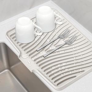 TIKNIK Silicone Dish Drying Mat, Stone Drying Mat for Kitchen Counter with Built-In Drain, Non-Slip Drain Pad with Built-in Drain, Heat Resistant Stone Drying Mat, Hangable, Cream-1pcs, 20" x 15"