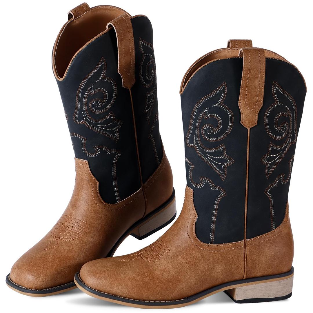 RLW Kids Cowboy Boots for Boys Girls Western Square Toe Youth Cowgirl Boots for Toddler Little & Big Kid, Black 12 Toddler (Brown, XS)