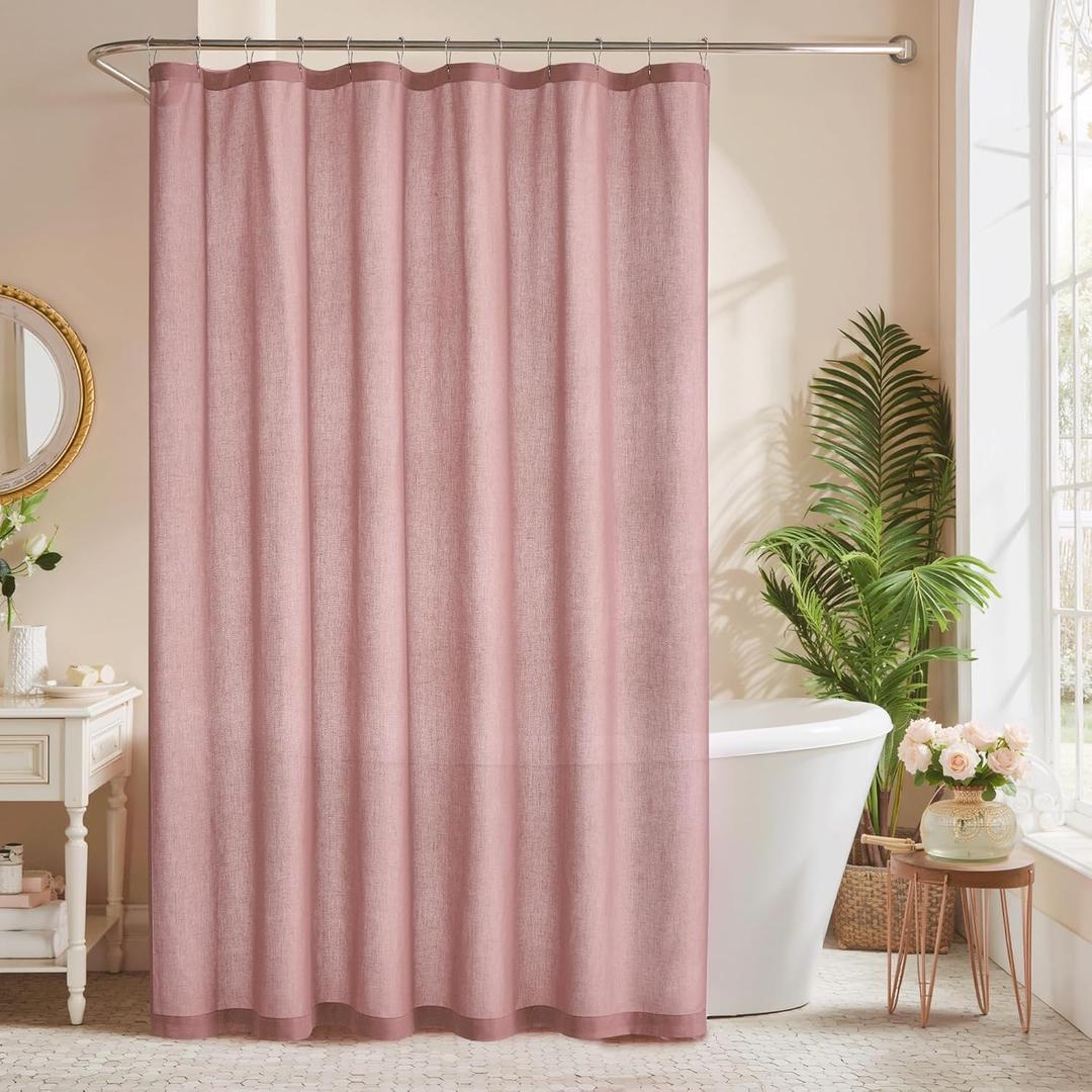 KGORGE Linen Fabric Shower Curtains-Semi Sheer Button Hole Lightweight Waterproof Privacy Light Filtering Shower Curtains for Bathroom Bathtub with 12 Hooks, 72 x 72 inches Long, Dusty Pink, 1 Panel