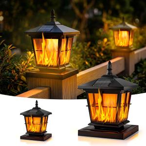 Solar Flame Post Lights Outdoor 2pack, Flickering Flame Fence Post Cap Lights IP65 Waterproof, LED Lantern with 2500K Warm White Mode, Decorative for Garden Deck Patio, Fit 4x4/5x5 Wooden/Vinyl Posts