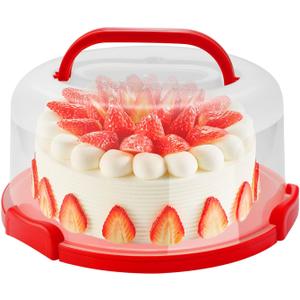 Large 10 Inch Cake Carrier Keeper Stand with Handles and Lids Container for Transport Cake Holder Tray with Cover Round Cupcake Storage Kitchen Cooking Box (red)