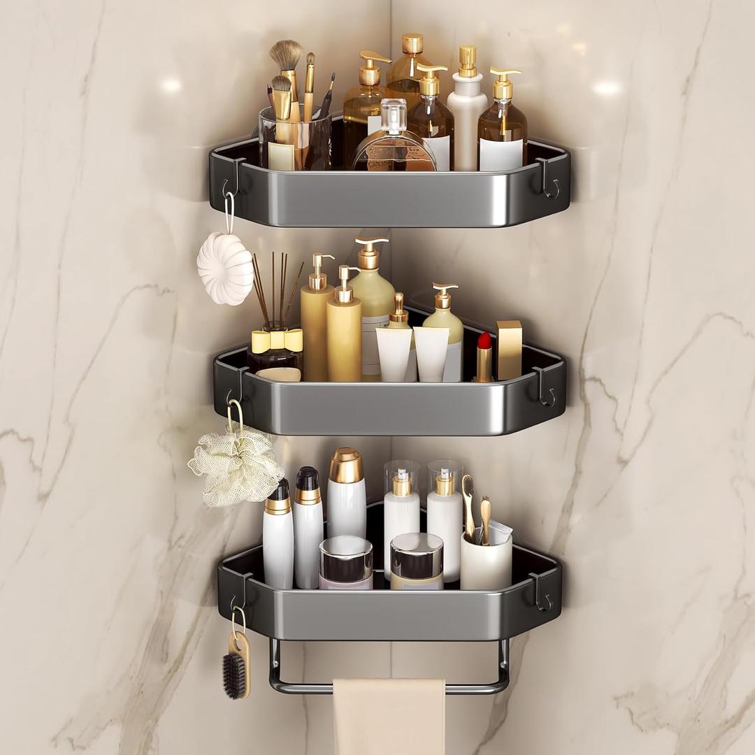 Shower Caddy Corner 3 Pcs,Adhesive&Drilling Shower Organizer,Rustproof Carbon Steel Shower Shelves With 6 Hooks And One Towel Bar,Bathroom Organizers And Storage Racks,For Family,Grey