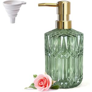 Green Glass Soap Dispenser with Gold Rust Proof Pump, Refillable Clear Glass Kitchen Soap Dispenser, Lotion Dispenser Bathroom for Hands Soap, Dish Soap, Body Wash (Green)