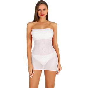Women Sexy Fishnet Bodysuit Rhinestone Mesh Dress Sparkle Strap Stretch Chemise Nightwear Diamond Bodystocking for Women (White) one size