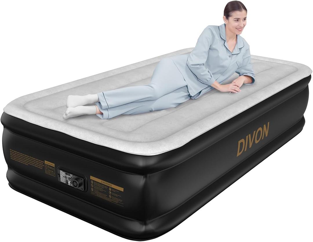 DIVON Twin Air Mattress with Built in Pump Raised,18 Inflatable Mattress with Wave Design,Blow Up Mattress in 2 Mins,Single Twin Size Air Mattress for Guest, Thicker AirBed,Colchon Inflable-330Lbs (Grey)