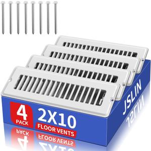 Floor Regsiter 2x10, White Vent Covers for Home Floor & Wall, Floor Vents with Screws for Quick-Fit, Heavy Duty Walkable Metal Face & Air Supply Lever for Easy Adjust Toe Kick Vent Grilles, 4 Pack