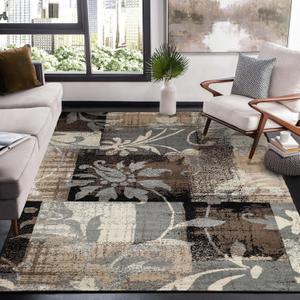 Superior Indoor Area Rug, Jute Backed, Perfect for Office, Living/Dining Room, Bedroom, Kitchen, Hallway, Entryway, Floor, Modern Floral Patchwork Decor, Pastiche Collection, 8' x 8' Square, Beige