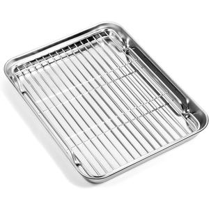 Baking Sheet with Cooling Rack (1 Cookie Sheet + 1 Baking Rack), Stainless Steel Small Baking Sheet Pan with Wire Rack, Toaster Oven Pans Size 10.4 x 8 x 1 Inch, Non-toxic & Heavy Duty & Non-stick