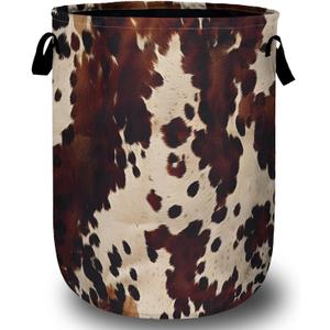 Brown Cow Skin Print Laundry Basket with Sturdy Handles, Nature Cowhide Collapsible Oxford Cloth Laundry Hamper Organizer Basket for Bathroom Bedroom 15.7x20 Inch