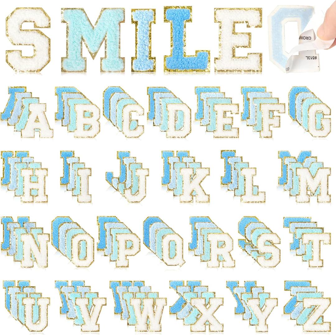 NICEVINYL Self-Adhesive Chenille Letters Patches: 104PCS Blue-Colored Letter Patches Stickers - Varsity Initial Patch for Clothing Backpacks Make-up Bags DIY Gifts Decor