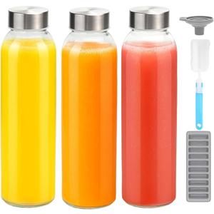 Zukro Glass Water Bottles with Lids 18 oz, 3 Pack Reusable Juice Bottles With Stainless Steel Airtight Cap for Juicing, Leak Proof Clear Drinking Jar Beverage storage container for Fridge, BPA Free (Silver-3 counts)