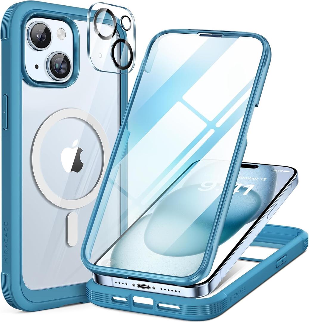 Miracase Glass Series for iPhone 15 Case [Compatible with MagSafe] Full-Body Magnetic Bumper Case with Built-in 9H Tempered Glass Anti-Fingerprint Screen Protector + Camera Lens Protector, Sea Blue