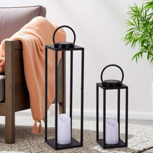 Large Solar Outdoor Lanterns, 25" 16" Tall Farmhouse Black Metal Waterproof Decorative Lanterns with Solar Candles for Front Porch, Patio, Christmas, Fall Decor- Set of 2