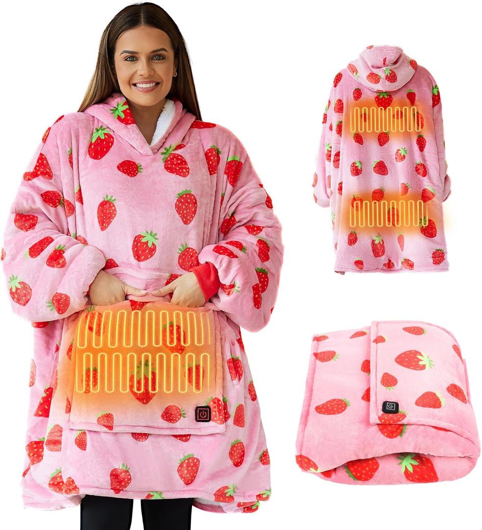 Heated Wearable Blanket Hoodie, 3 Heat Level Oversized Strawberry Blanket Hoodie for Women Without Battery Pack, Cozy Warm Sweatshirt Blanket, USB Heating Hooded Blanket w/Sleeves&Giant Pocket