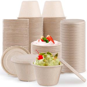 100 Pack Natural Bagasse Fiber Bowls with Lids, 4 oz Condiment Cup, Compostable Portion Cups, Bagasse Fiber Souffle Cup, Small Sample Cups for Snack Salad Dressing Ketchup
