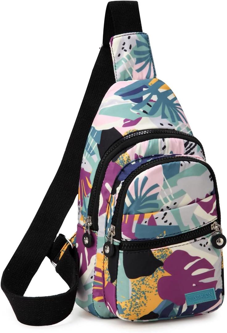 EVANCARY Small Sling Bag for Women Men, Sling Backpack Chest Daypack Crossbody Bag for Travel Outdoor Hiking (R Multicolor Leaves)